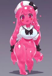 1girls ai_generated avi_(sbubby) beret blush breasts feet feet_up female hair_ornament hair_ribbon looking_at_viewer pink_hair pussy sbubby shirt_lift slime slime_girl visiuun voluptuous voluptuous_female white_headwear