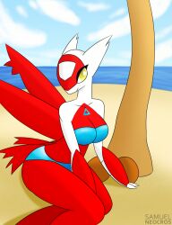 2021 anthro beach big_breasts blue_clothes blue_clothing breasts clothes clothing creatures_(company) creatures_inc. dragon female game_freak latias pokemon pokemon_(species) pokemon_rse red_body samuel-neocros scalie solo white_body yellow_eyes