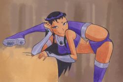 1girls ass black_hair blackfire dc dc_comics female female_only flexible long_hair looking_at_viewer no_skirt panties purple_panties spread_legs stuff18over teen_titans thighs