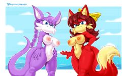 absurd_res anthro archie_comics belt blue_clothing blue_eyes breasts byghosteduard canid canine clothing duo female fiona_fox fox hair hi_res long_hair long_tail looking_down mammal meme meme_clothing mustelid musteline nicolette_the_weasel nipples nude purple_body red_body sega shirt smile smiling_at_viewer sonic_(series) sonic_the_hedgehog_(archie) sonic_the_hedgehog_(comics) sonic_the_hedgehog_(series) sweater tail topwear true_musteline virgin_killer_sweater weasel