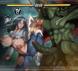 1girls big_breasts big_penis breasts busty curvaceous curvy curvy_body curvy_female curvy_figure dark-skinned_male female fight fighting green_body green_penis green_skin gui health_bar huge_breasts huge_cock jun_kazama kazama_jun large_breasts milf mother motherly_cuckold muscular muscular_male nipples ogre_(tekken) one_eye_closed penis shoes tekken tekken_bloodline torn_clothes torn_clothing veiny_penis voluptuous wkart