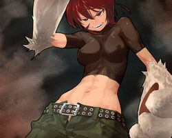 abs babydoll_t-shirt brown_hair cargo_pants clothing crop_top erect_nipples erect_nipples_under_clothes jeans kaibutsu_oujo low-riding lowleg lowleg_pants midriff monster_princess muscle navel pants paws princess_resurrection red_hair riza_wildman sagging_pants sharp_teeth short_hair solo sun-3 unzipped