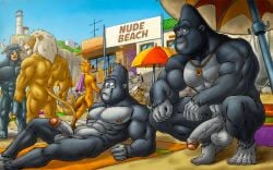 abs beach big_daddy_(sing) erection furryrevolution johnny_(sing) male/male muscular muscular_male pecs penis