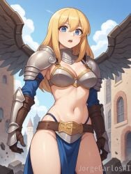 1girls ai_generated armor armored_female belt big_breasts bikini bikini_armor blonde_female blonde_hair blonde_hair_female blue_eyes bracers breasts destruction fantasy fantasy_world female female_focus female_only jorgecarlosai loin_cloth loincloth metal_wings navel open_mouth shoulder_armor teeth toned toned_female valkyrie watermark wings