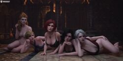 3d 5girls anna_henrietta black_hair blonde_hair blue_eyes bra cd_projekt_red ciri collar female green_eyes light-skinned_female missally multiple_girls panties purple_hair red_hair scar tattoo the_witcher_(series) the_witcher_3:_wild_hunt triss_merigold underwear ves white_hair yennefer