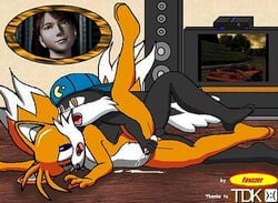 anthro canine crossover fox foxczer front_view fur indoors interspecies klonoa klonoa_(series) lying male mammal multiple_males nude on_side sega sex sonic_(series) speakers straight_hair tagme tails tdk tv unknown_species yaoi