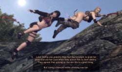 1futa 1girls ass backsack balls black_hair blonde_hair cock cum cumming dahlia_(sudden_attack) futanari looking_down miya_(sudden_attack) near_death outdoors pants_down rastifan rock_climbing sudden_attack_2 text text_box trees