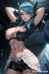 1girls abdomen abdominals abs ai_generated anime anime_style arms_behind_head belly belly_button belt big_breasts blue_eyes blue_hair breasts cleavage cleavage_cutout collar covered_nipples curly_hair elbows eyes_open female female_abs female_only fit fitness from_below glasses glasses_on_face glasses_only gwen_(league_of_legends) hair_ribbon hands_behind_head hands_up high_resolution highres hourglass_figure huge_breasts innie_belly_button large_breasts league_of_legends league_of_legends:_wild_rift light light-skinned light_body light_skin lighting lipstick looking_at_partner looking_at_viewer medium_hair model model_pose modeling muscle navel neck oil oiled_body oiled_breasts oiled_legs pose posing posing_for_picture posing_for_the_viewer riot_games sagging_breasts shiny shiny_breasts shiny_clothes shiny_hair shiny_skin shirt shirt_only shirt_open short_shorts shorts simple_background sky4maleja smile smile_at_viewer smiley_face solo thick_thighs thighs toned toned_belly toned_female toned_stomach waist watermark