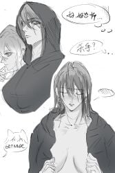 big_breasts clothed game hoodie muscular muscular_female path_to_nowhere rahu_(path_to_nowhere) scar shalom_(path_to_nowhere) shy unbuttoned_shirt yuri