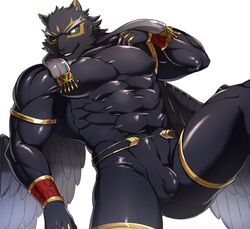 aaassstaro abs balls black_body black_fur bodysuit bulge clothing felid flaccid fur genitals male male_only mammal muscular muscular_male nipples nude pantherine pecs penis tezcatlipoca tight_clothing tokyo_afterschool_summoners video_games