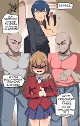 1girls 3boys aisaka_taiga black_eyes blue_hair brown_eyes brown_hair clothed comic comic_page female long_hair male netorare roger_(artist) spanish_text takasu_ryuuji toradora! translation_request