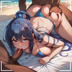 1girls 2boys ai_generated aqua_(konosuba) aqua_eyes aqua_hair beach bikini blowjob dark-skinned_male doggy_style gangbang spitroast thong_aside threesome tokyotaku