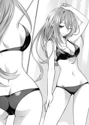 armpits ass back bare_arms bare_back bare_belly bare_legs bare_shoulders bare_thighs belly_button big_breasts black_and_white date_a_live hand_on_head kyouno_natsumi long_hair novel_illustration official_art one_eye_closed smile swimsuit thighs tsunako