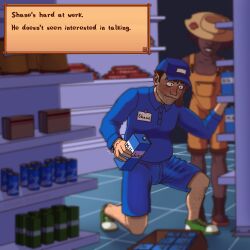 at_work blush blush_lines body_hair boner chubby_male embarrassed erection erection_in_pants eye_bags facial_hair hidden_erection not_porn shane_(stardew_valley) simper-maximus stardew_valley workplace