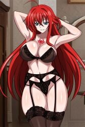 1girls big_breasts blue_eyes bra cleavage high_school_dxd lingerie panties pin_up red_hair rias_gremory solo stockings underwear yxyyxy