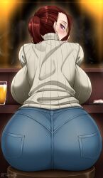 1girls artist_request ass beer huge_ass huge_breasts jeans looking_at_viewer rear_view red_hair solo sushi sweater tagme