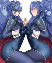 2girls alternate_hairstyle arcedo blue_eyes blue_hair breast_press breasts cape dual_persona female female_only fire_emblem fire_emblem_awakening grin holding_hands large_breasts long_hair looking_at_viewer lucina_(fire_emblem) marth_(fire_emblem_awakening) mask multiple_girls multiple_persona nintendo official_alternate_hairstyle pose short_hair smile symbol-shaped_pupils symmetrical_docking thick_thighs thighs tiara