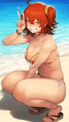 1-a_dot ai_generated beach bikini fate/grand_order fate_(series) fujimaru_ritsuka_(female) gudako naughty_face peace_sign sand sandals smile swimsuit thick_thighs