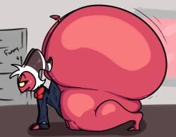 1boy 2024 absurd_res anthro ass big_ass clothed clothing demon digital_media_(artwork) english_text gaze_(artist) hair helluva_boss hi_res horn huge_ass humanoid hyper hyper_ass imp male mammal moxxie_(helluva_boss) red_body red_skin simple_background solo tail teeth text thick_thighs white_hair wide_hips