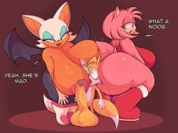 1boy 2girls age_difference amy_rose anthro ass balls bat behniis big_balls big_breasts big_butt big_penis boots bottomless breasts canid canine clothed clothing dialogue english_text erection eulipotyphlan female footwear fox genitals green_eyes group half-closed_eyes hedgehog hi_res huge_balls huge_breasts huge_butt huge_cock larger_female looking_back male male/female mammal miles_prower multicolored_body narrowed_eyes nude older_female older_woman_and_younger_boy open_mouth orange_body pasties penis pink_body rouge_the_bat sega shirt size_difference smaller_male sonic_(series) sonic_the_hedgehog_(series) spandex tails tails_the_fox text tight_clothing topwear trio two_tone_body wings younger_male