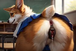 ai_generated anus ass ass_focus corgi dog feral feral_only headmistress_gruff pupacademy_(series) pussy pussy_juice pussy_juice_drip school_uniform