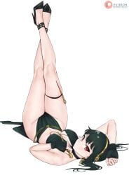 1girls black_hair black_outfit dismaiden fingerless_gloves gold_(metal) gold_chain hairband high_heels legs legs_in_air light-skinned_female light_skin patreon_username red_eyes spy_x_family thick_thighs thigh_strap thighs weapon yor_briar yor_forger