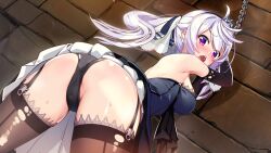 against_wall ass bent_over black_panties clothes_lift dress elbow_gloves female garter_straps gloves highres long_hair looking_back official_art open_mouth panties prison_princess purple_eyes skirt skirt_lift solo thighhighs torn_clothes underwear white_hair yamacchi zena_(prison_princess)