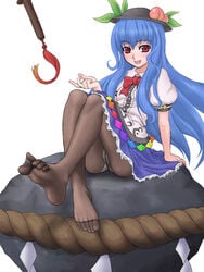 blue_hair feet food fruit hat highres keystone kuro_suto_sukii long_hair panties panties_under_pantyhose pantyhose pantyshot peach_(fruit) red_eyes shimenawa solo sword sword_of_hisou tenshi_hinanawi toes touhou underwear upskirt weapon