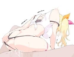 1boy ass back bare_shoulders black_panties blonde_hair blush breasts clothed_sex clothing_aside commentary_request cowgirl_position cum cum_in_pussy cum_overflow female from_side hoshikawa_sara hoshikawa_sara_(1st_costume) large_breasts long_hair nijisanji ohako orange_ribbon panties panties_aside panty_pull pink_ribbon ponytail pulled_by_self reverse_cowgirl_position ribbon sex shirt side_ponytail simple_background straddling straight strap_slip sweat tank_top tied_shirt trembling two-tone_ribbon underwear virtual_youtuber white_background white_tank_top