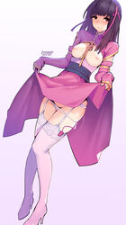 blush breasts breasts_out dress dress_lift female garter_belt gradient_background highres hitomi_o long_hair looking_at_viewer nipples panties purple_hair pussy_juice red_eyes revealing_clothes solo thighhighs underwear vibrator