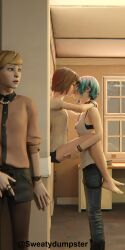 3girls blue_hair brown_hair chloe_price closed_eyes clothed cucked_by_lesbian cuckquean desk fully_clothed girls_kissing hallway holding_person kissing lesbian_kiss life_is_strange masturbating_while_watching masturbation max_caulfield romantic sdumpster spying victoria_chase wholesome window yuri