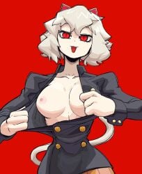 1girls animal_ears bone_nigi breasts cat_girl chimera_ant female female_only humanoid hunter_x_hunter image_set neferpitou pale-skinned_female pale_skin short_hair shounen_jump solo tits_out villainess white_hair