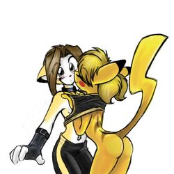 2girls anthro artist_request ass blonde_hair brown_hair closed_eyes color elbow_gloves female female_only fingerless_gloves fur furry grabbing_another's_breast grey_eyes groping_breasts interspecies multiple_females nintendo pichu pikachu pokemon sharing_shirt short_hair tagme tank_top yuri