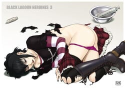 azasuke black_eyes black_hair black_lagoon black_lagoon_heroines boots clothing earrings frederica_sawyer highres jewelry lying nail_polish panties panty_down panty_pull sawyer_the_cleaner scar thighhighs torn_clothes torn_thighhighs underwear