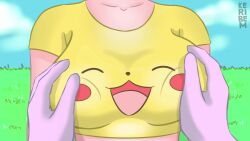 animated breast_grab breasts clothed crop_top female gloves keribem meme no_sound pikachu pokemon shirt shirt_lift tagme video white_gloves