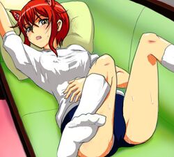 1girls animal_ear buruma clothing cute_fang erect_nipples erect_nipples_under_clothes female footwear gym_uniform kaibutsu_oujo monster_girl monster_princess princess_resurrection red_hair riza_wildman socks solo werewolf