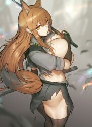 2024 alternate_breast_size animal_ear_fluff animal_ears arknights ass bangs bare_breasts battle battle_damage big_ass big_breasts big_butt black_gloves black_skirt black_thighhighs blurry blurry_background breasts brown_hair butt cleavage closed_mouth covered_breasts covered_nipples covering covering_breasts covering_privates covering_self damaged damaged_clothes elbow_gloves female fox_ears fox_girl fox_tail franka_(arknights) from_side gloves grey_shirt hair_between_eyes half_updo hi_res holding holding_sword holding_weapon huge_breasts long_hair looking_at_viewer melon22 midriff multi_ear orange_eyes ripped_clothes ripped_clothing scabbard sheath shirt sideboob skindentation skirt solo sword tail thick_thighs thighhighs thighs torn_clothes torn_shirt torn_skirt weapon yellow_eyes