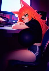 ai_generated animal_ears arcadiasofka arms_crossed bangs black_shirt blue_eyes blue_shorts blunt_bangs blush breasts chair collar crop_top desk dolphin_shorts female freckles gigantic_breasts long_hair looking_at_viewer orange_hair original_character tears thighs tight_clothing