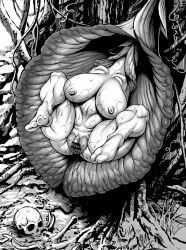 1girls barefoot big_breasts bimbo black_and_white blush busty censored curvy detailed_background double_deck erect_nipple erect_nipples eyelashes female female_monster female_only front_view humanoid legs_apart legs_up monster monster_girl naked nipples no_face nude open_mouth plant_girl puffy_pussy raised_leg shaved_pussy sound_effects spead_legs spreading sweat swollen_pussy thick_thighs voluptuous