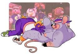 2025 2d 2d_(artwork) 2d_artwork anthro ass backwards_baseball_cap big_ass big_butt bottomless chubby chuck_e_cheese chuck_e_cheese_(franchise) digital_art digital_drawing_(artwork) digital_media_(artwork) duo furry gender_request grey_fur mascot mouse mr._munch murid murine naked nude oral oral_sex purple_fur rodent tagme tiddygoat yellow_hair