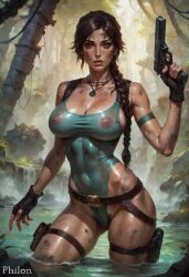 1girls ai_generated arm_strap bare_shoulders belt black_gloves braid breasts brown_eyes brown_hair cameltoe cleavage collarbone covered_abs covered_navel covered_nipples cowboy_shot dark-skinned_female dark_skin day dirty female_pubic_hair finger_on_trigger fingerless_gloves gloves groin gun hair_over_shoulder handgun highleg highleg_swimsuit holding holding_gun holding_weapon holster impossible_clothes jewelry jungle lara_croft large_breasts lips long_braid long_hair looking_at_viewer makeup muscular nature necklace nipples nipples_visible_through_clothing one-piece_swimsuit outdoors parted_bangs pendant philon pubic_hair river rock ruins see-through single_braid skindentation solo stable_diffusion standing swimsuit taut_clothes thick_thighs thigh_holster thigh_pouch thigh_strap thighs tomb_raider toned trigger_discipline wading water waterfall weapon wet wet_clothes wet_swimsuit