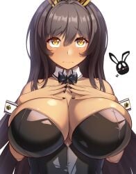 1girls blush brown_hair bunny_ears bunnysuit cleavage dark-skinned_female dark_skin female female_only fully_clothed goddess_of_victory:_nikke huge_breasts long_hair noir_(nikke) submissive_pose upper_body white_background yellow_eyes