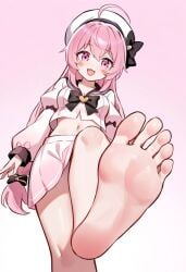 1girls ai_generated avi_(sbubby) beret blush breasts feet feet_up female from_below hair_ornament hair_ribbon imminent_stomp looking_at_viewer pink_hair pussy sbubby stomp stomping visiuun voluptuous voluptuous_female white_headwear