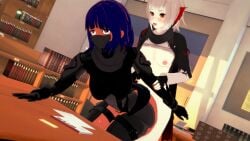 2girls 3d amber_eyes arknights black_female clothed clothed_sex dragon_girl dragon_horns from_behind from_behind_position fucked_from_behind koikatsu mordred23 original original_character purple_eyes purple_hair raped_by_futa raped_female semi_nude w_(arknights) white_hair_female white_woman yrya_(mordred23)