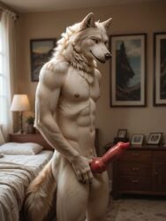 ai_generated animal_genitalia animal_penis anthro balls canine_penis erection furry indoors knot looking_at_viewer male nude penis seductive solo standing wolf