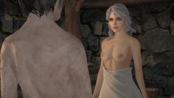 3d before_sex breasts cavalorn13 ciri female green_eyes light-skinned_female light-skinned_male male nipples old_man older_male scar the_witcher_(series) the_witcher_3:_wild_hunt towel white_hair