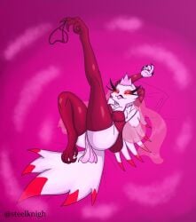 anthro anthro_bird avian avian_humanoid bird_feet bird_girl feather_hair feathers glowing_eyes helluva_boss laying laying_down laying_on_bed leg_up lingerie red_clothing red_eyes red_lingerie steelknigh stella_(helluva_boss) tail_feathers