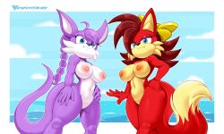 absurd_res anthro archie_comics belt blue_clothing blue_eyes breasts byghosteduard canid canine clothing duo female fiona_fox fox hair hi_res long_hair long_tail looking_down mammal meme meme_clothing mustelid musteline nicolette_the_weasel nipples nude purple_body red_body sega shirt smile smiling_at_viewer sonic_(series) sonic_the_hedgehog_(archie) sonic_the_hedgehog_(comics) sonic_the_hedgehog_(series) sweater tail topwear true_musteline virgin_killer_sweater weasel