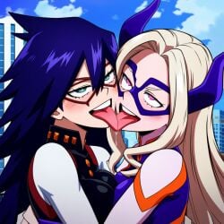 2girls ai_generated artist_request blush blushing female female_only french_kiss midnight_(my_hero_academia) mount_lady my_hero_academia pleasure_face powerhouserift tongue_kiss yuri