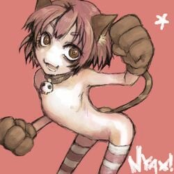 2chan collar crazy_eyes flat_chest futaba futaba_channel kemonomimi_mode lowres maid nijiura_maids nude skull skulls smile striped striped_legwear striped_thighhighs tail thighhighs yakui